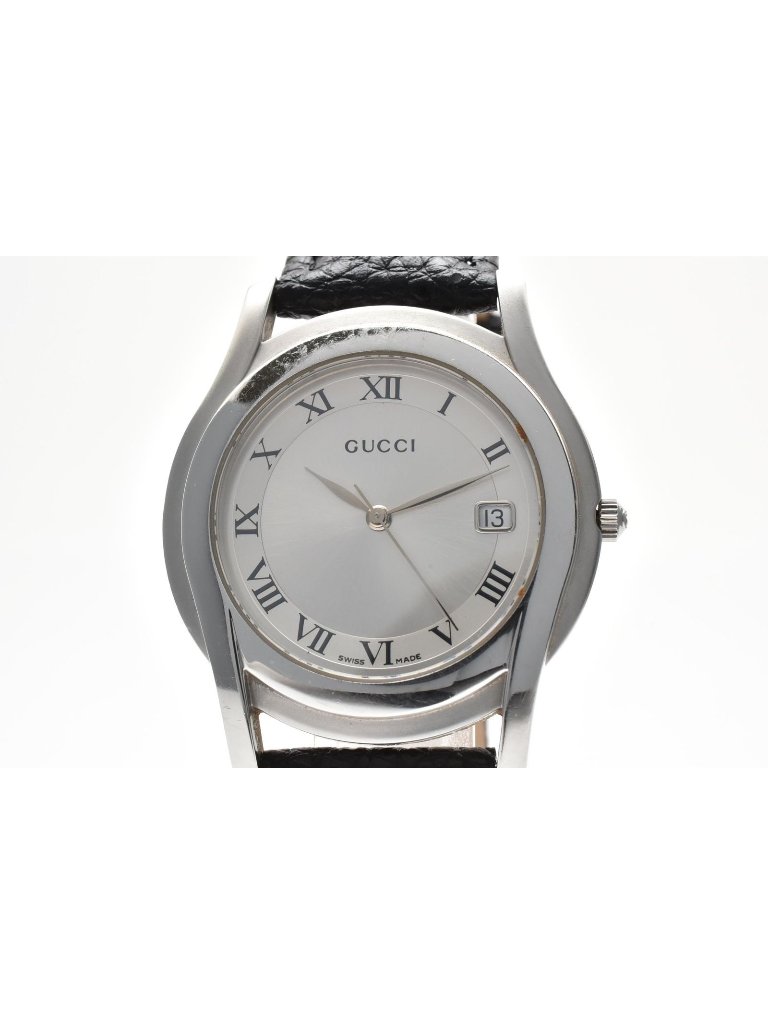 Gucci Quartz Watch Silver Dial Roman Numeral Date Display Stainless Steel Black